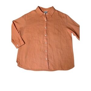J. Jill 100% Linen Button Down Shirt 2X Orange 3/4 Sleeve Tropical Beach Coasta